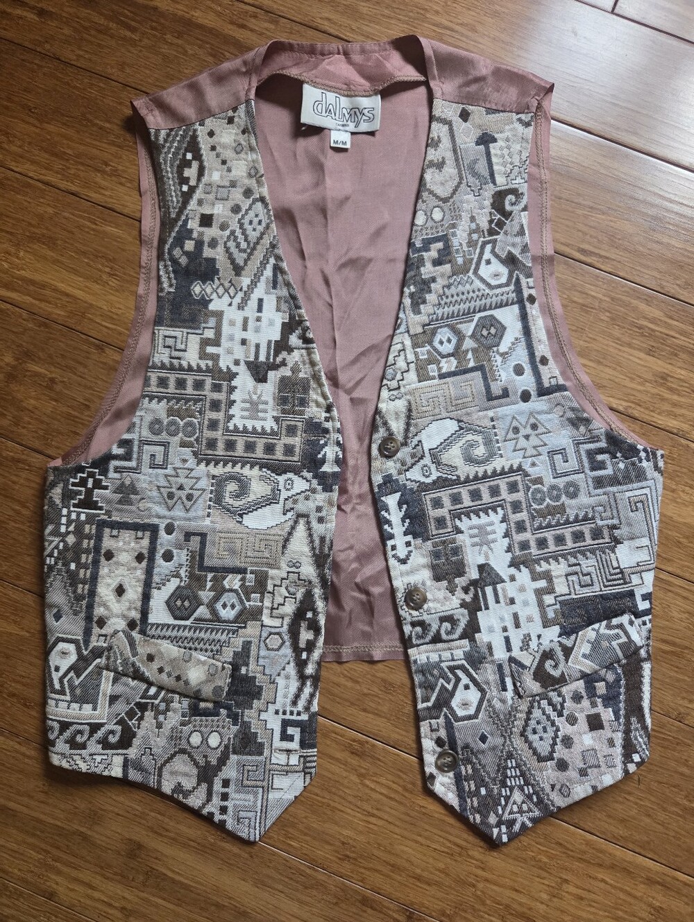 Vintage Southwestern Tapestry Vest Western Ranchwear Aztec Boho Dusty Rose Tan M